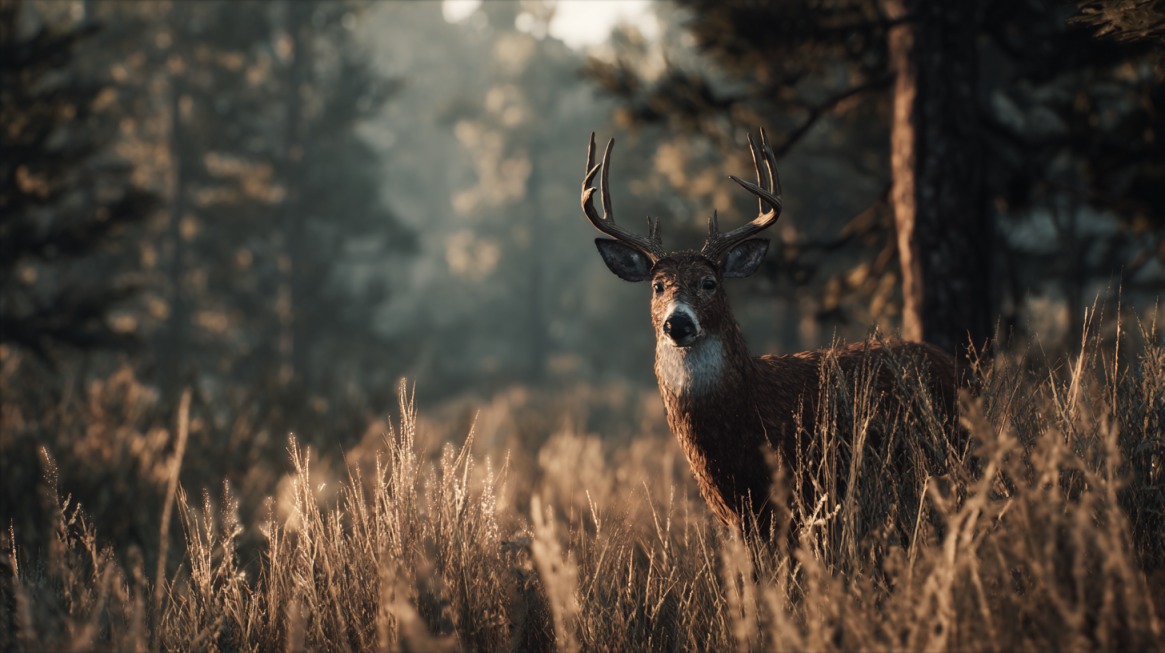 A white-tailed buck standing alert in a sunlit field near the woods, surrounded by tall grass and trees