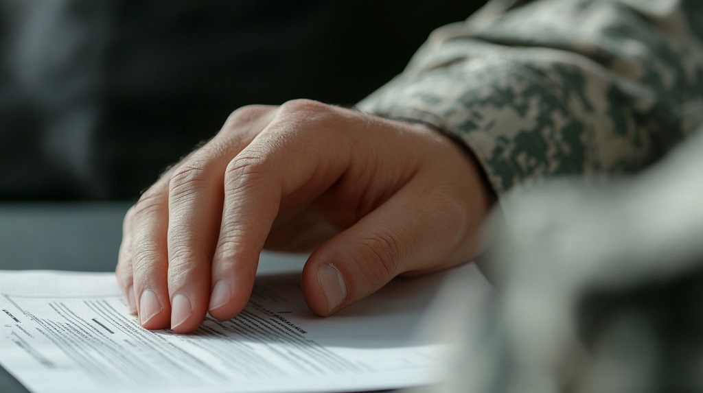 Close-up of soldier's hand on paperwork during lease adjustment process