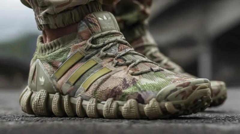 Close-up of camouflage Adidas sneakers with rugged sole and military-inspired design