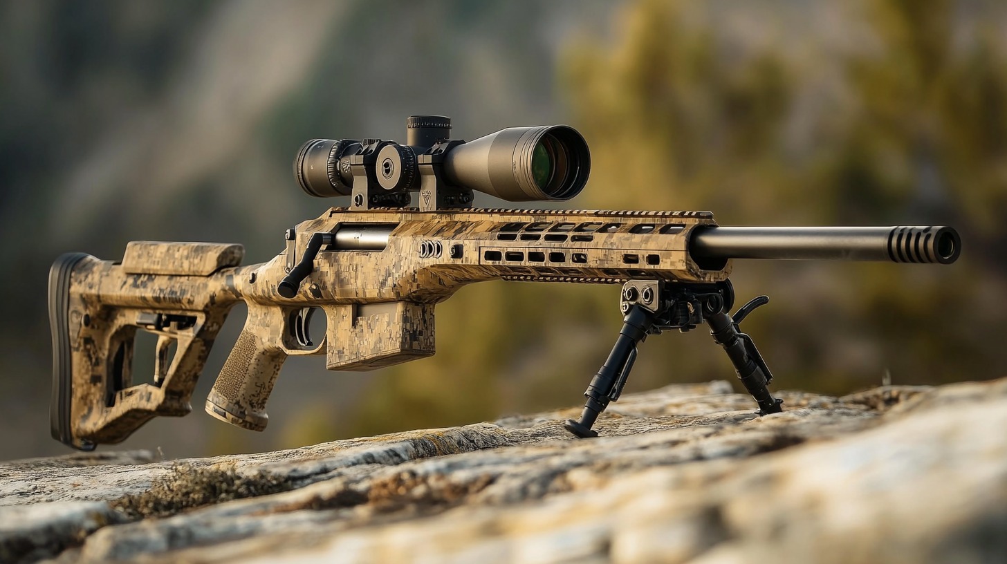 Camouflaged sniper rifle with advanced scope and bipod, positioned on a rocky surface outdoors