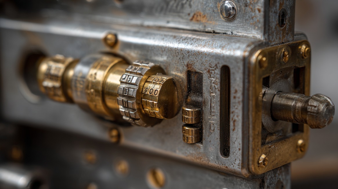 Close-up of an advanced combination locking mechanism on a vintage safe