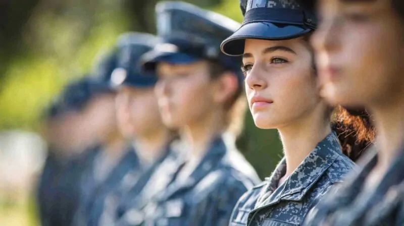 Young woman in Air Force uniform standing in formation, looking ahead with determination