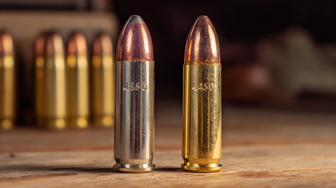 Two bullets labeled .438 and .445 standing upright on a wooden surface with additional rounds blurred in the background