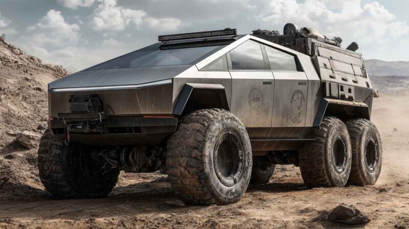 A heavily modified Cybertruck with oversized off-road tires and armored plating sits in a desert terrain, resembling a futuristic military vehicle