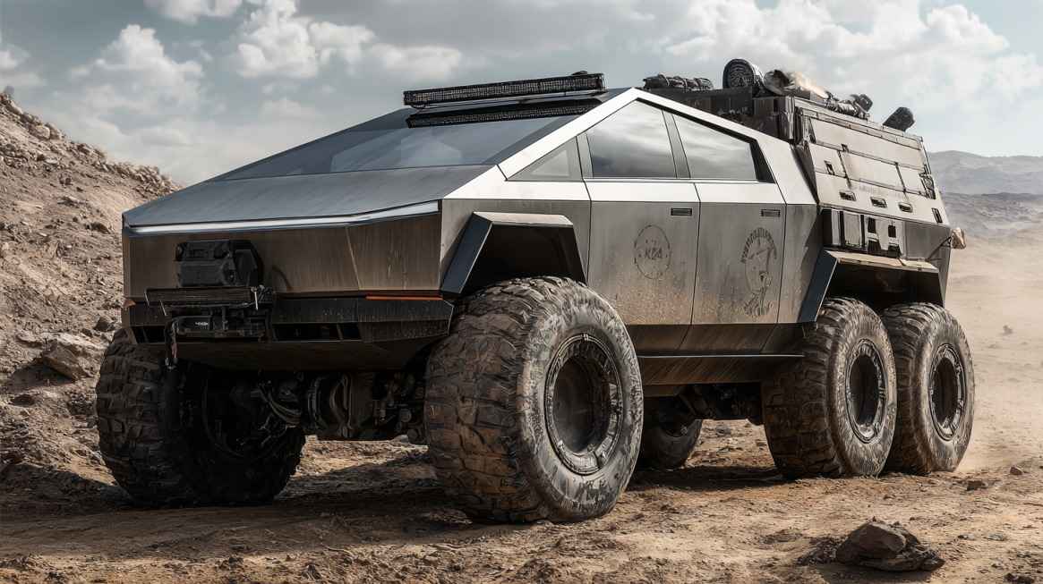 A heavily modified Cybertruck with oversized off-road tires and armored plating sits in a desert terrain, resembling a futuristic military vehicle