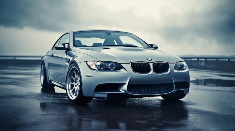 Silver BMW sports car parked on a wet pavement under a cloudy sky, symbolizing elegance and performance tied to a military discount offer