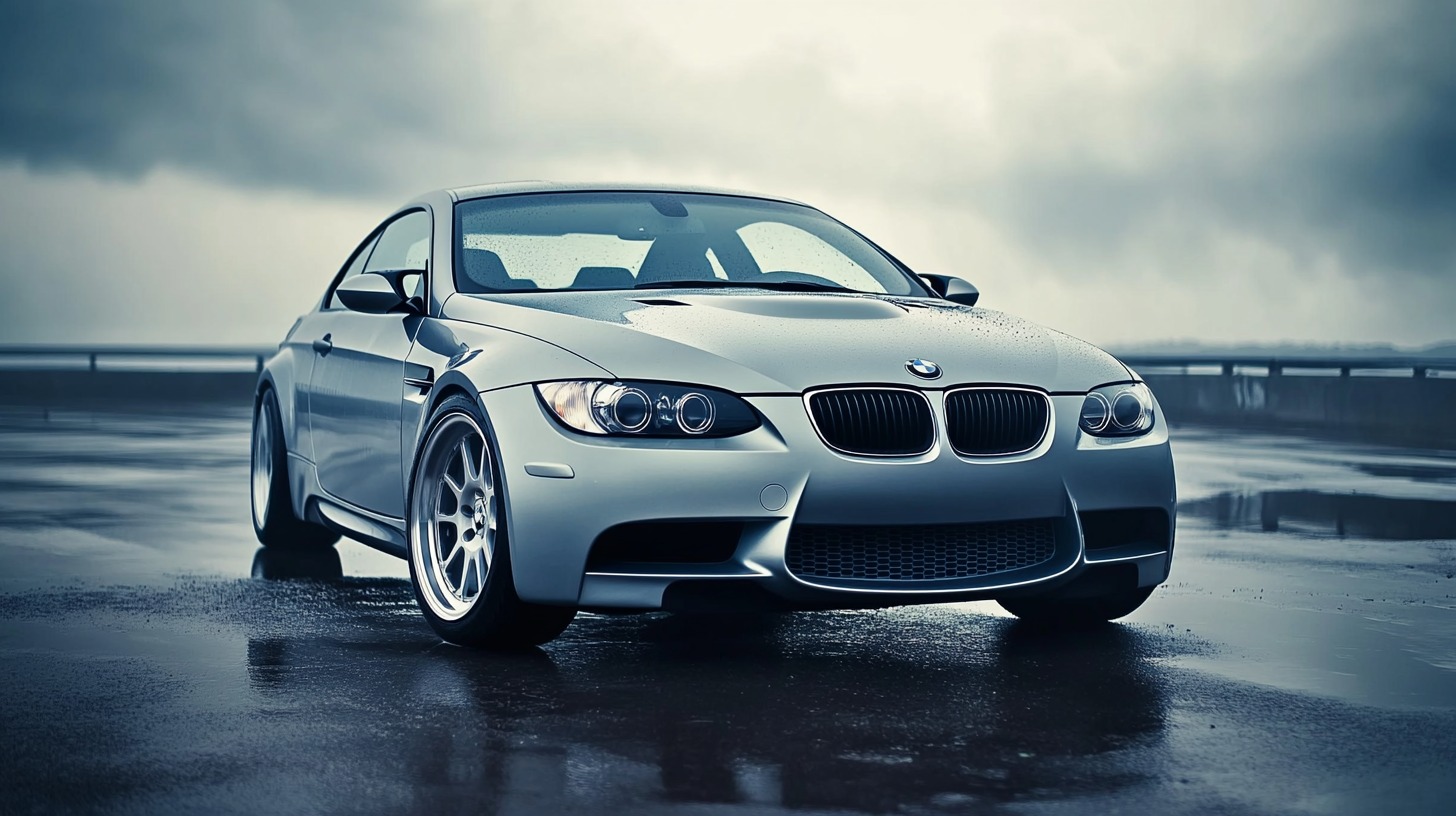 Silver BMW sports car parked on a wet pavement under a cloudy sky, symbolizing elegance and performance tied to a military discount offer