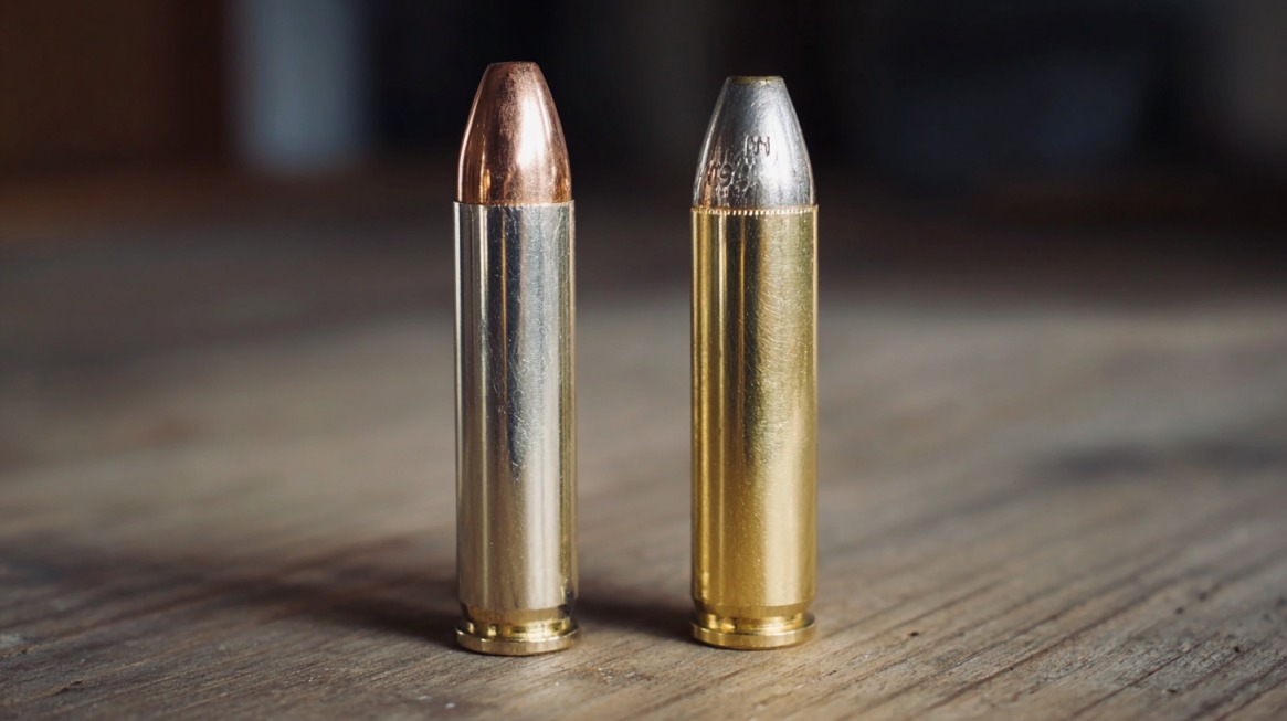 Close-up image of two ammunition cartridges standing upright on a wooden surface, highlighting the size and casing differences between .44 Rem Mag and .44 Mag