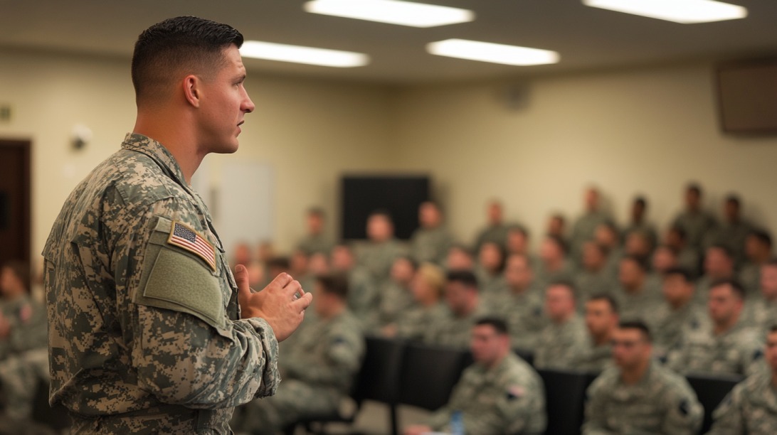 A cadet in uniform speaks to a classroom full of fellow military students at a service academy