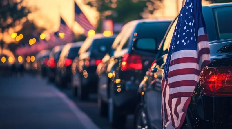 Row of black Ford vehicles with American flags attached, photographed at sunset, highlighting a patriotic military discount theme