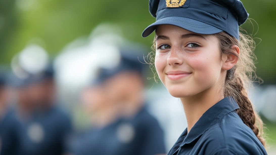 Young female cadet in uniform smiling confidently with fellow cadets blurred in the background