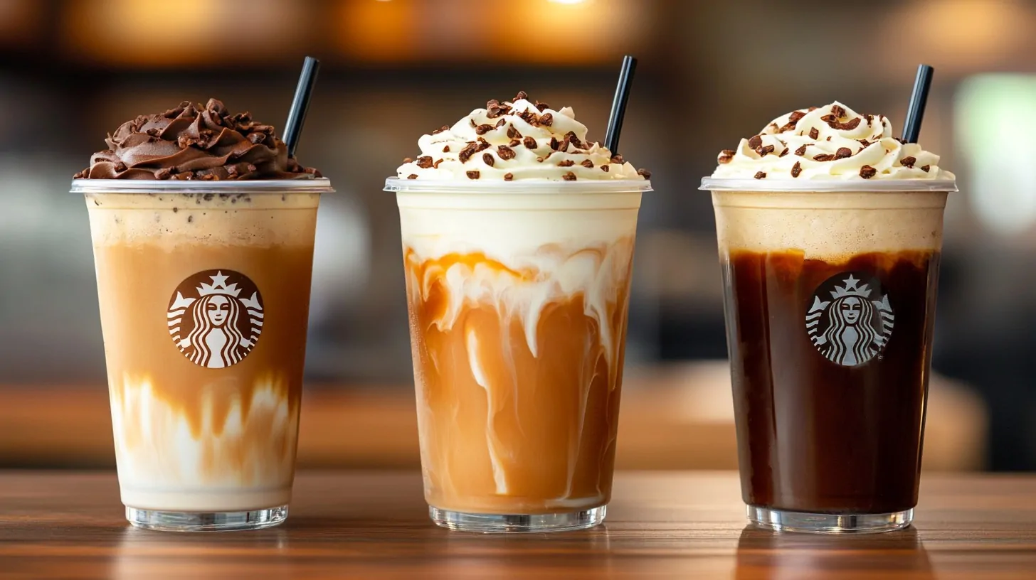 Three Starbucks iced beverages topped with whipped cream and chocolate sprinkles, placed on a wooden table