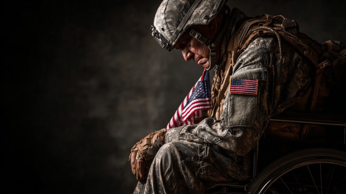 Disabled U.S. veteran in uniform, seated with a small American flag
