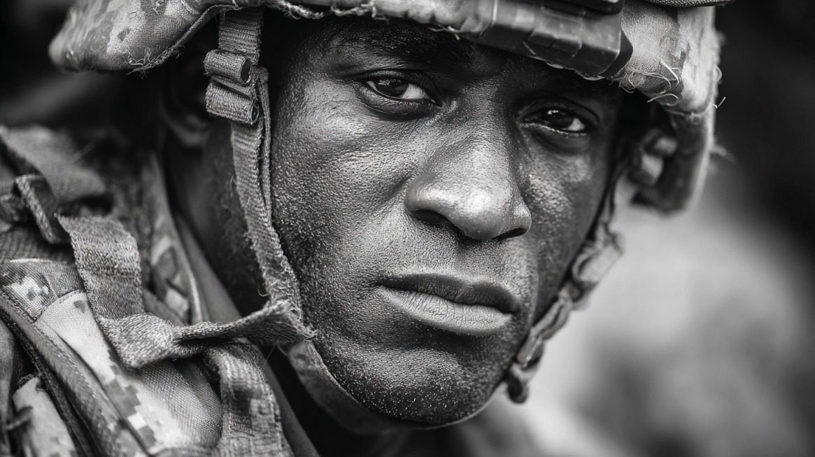 Close-up of a U.S. soldier in uniform, showing determination and focus