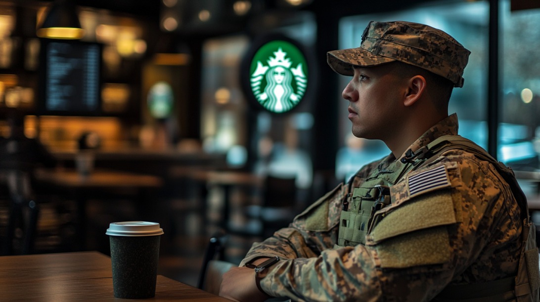 A U.S. military service member in uniform sitting inside a Starbucks café with a coffee cup on the table