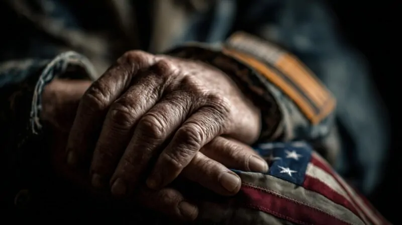 Close-up of a veteran's weathered hands resting on a folded American flag, wearing a uniform with a U.S. flag patch