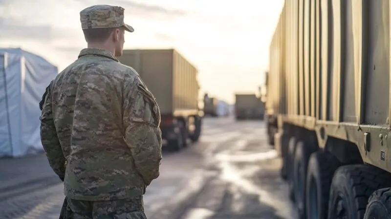 Soldier in uniform standing next to a row of military trucks at sunset on a base or deployment zone