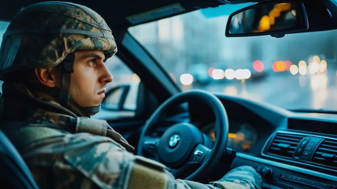 A U.S. soldier in uniform driving a BMW, highlighting access to military discounts for service members