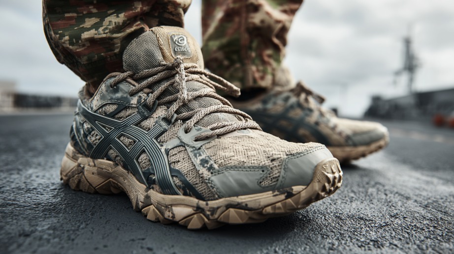Close-up of camo ASICS sneakers worn by a person in military fatigues standing on a ship deck