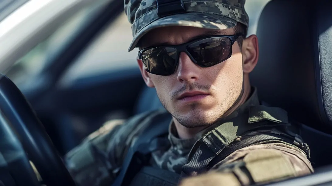 Military personnel wearing sunglasses and uniform sitting in a car, symbolizing eligibility for a vehicle discount program