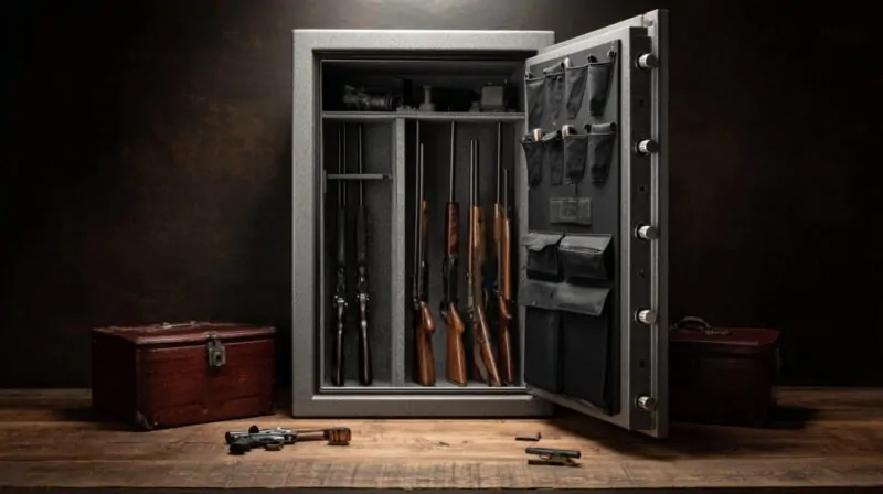 Open gun safe showing organized rifles, accessories, and handgun compartments