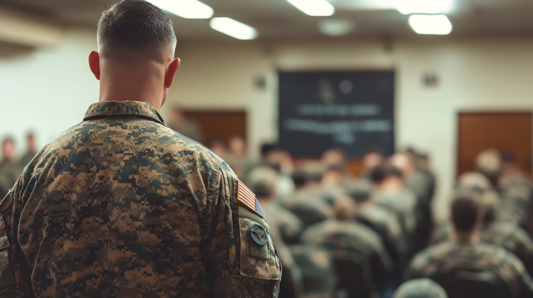 A uniformed officer addresses a group of cadets seated in a classroom setting