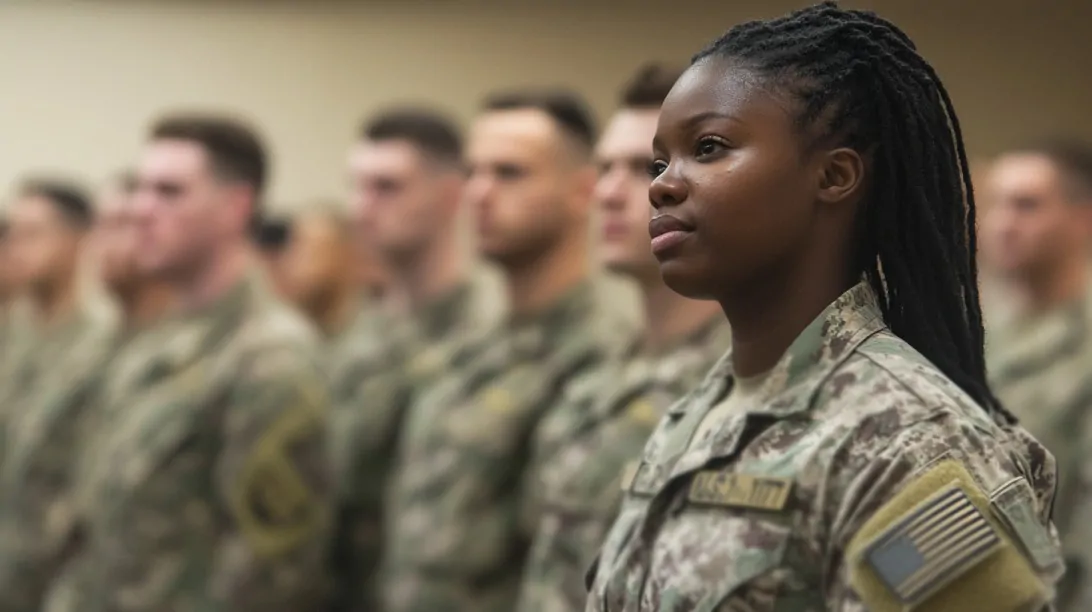 Young woman in military uniform standing attentively among a group of service members