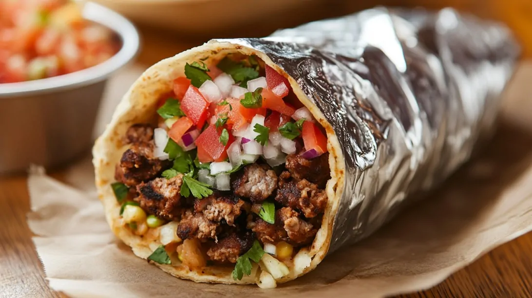 Close-up of a foil-wrapped burrito filled with grilled meat, tomatoes, onions, cilantro, and corn, resting on parchment paper