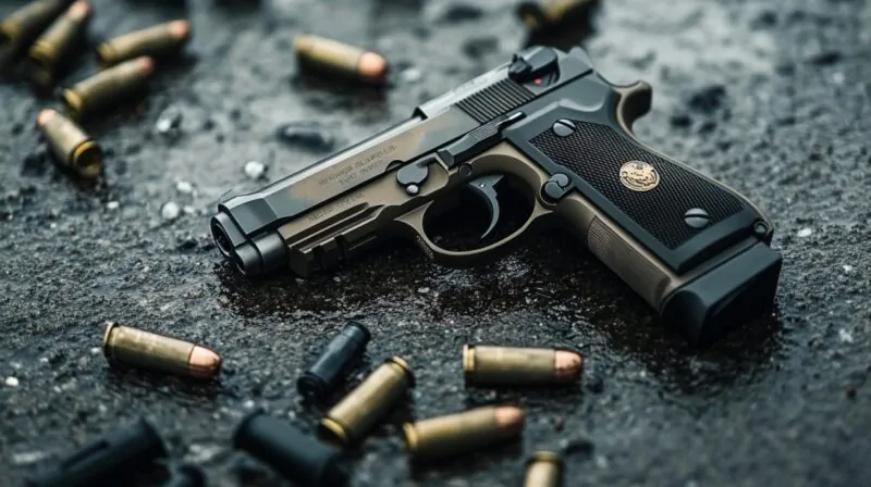 A customized tactical handgun with spent bullet casings on wet pavement, emphasizing military-style features