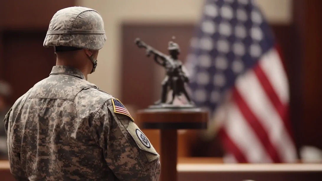 U.S. soldier in uniform facing a courtroom statue and American flag in a legal setting