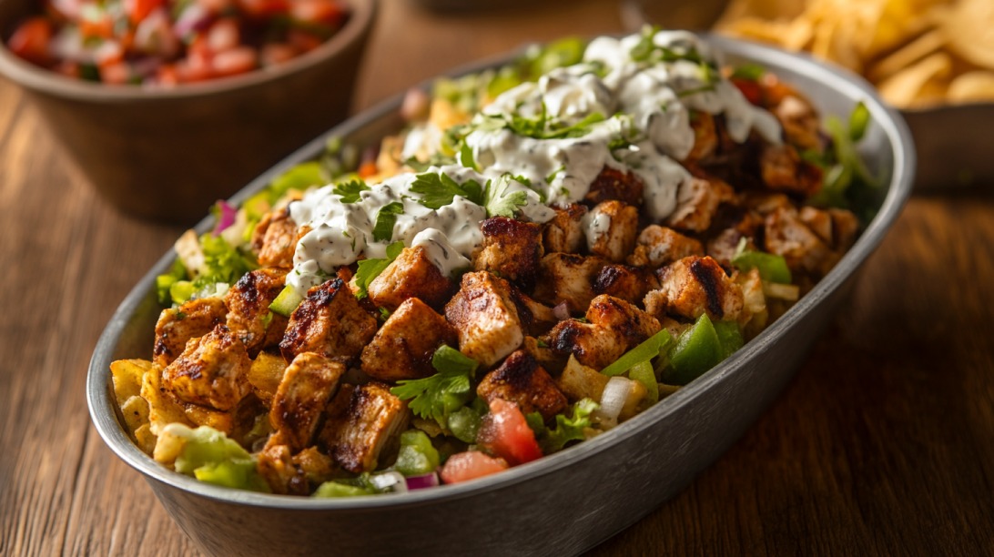 Grilled chicken and peppers over rice in a metal bowl drizzled with creamy sauce and garnished with cilantro