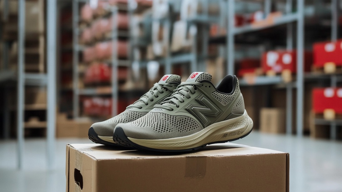 A pair of olive green New Balance running shoes on a cardboard box in a warehouse