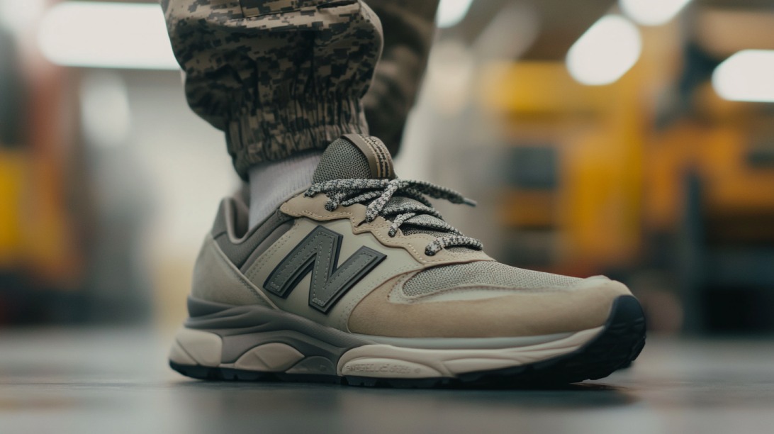 Close-up of a person in camo pants wearing beige New Balance sneakers indoors