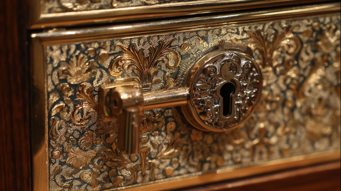 Close-up of a vintage safe with an intricate brass keyhole and floral design.