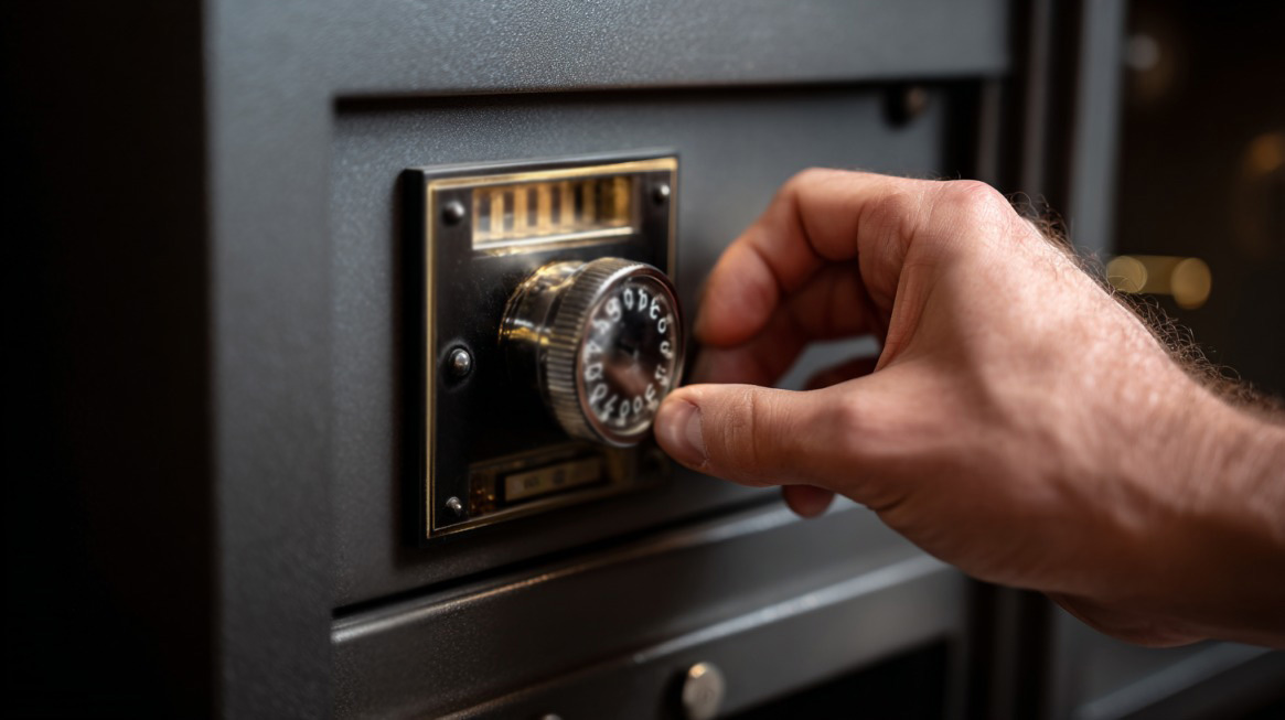 Hand turning the dial on a combination lock safe