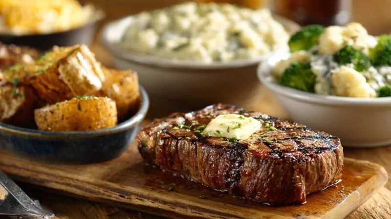 Juicy grilled steak topped with butter on a wooden board, served with roasted potatoes, mashed potatoes, and steamed broccoli and cauliflower