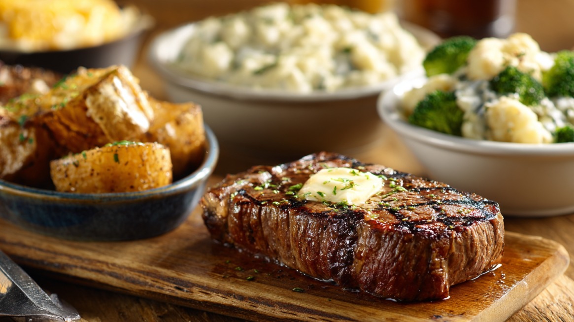 Juicy grilled steak topped with butter on a wooden board, served with roasted potatoes, mashed potatoes, and steamed broccoli and cauliflower