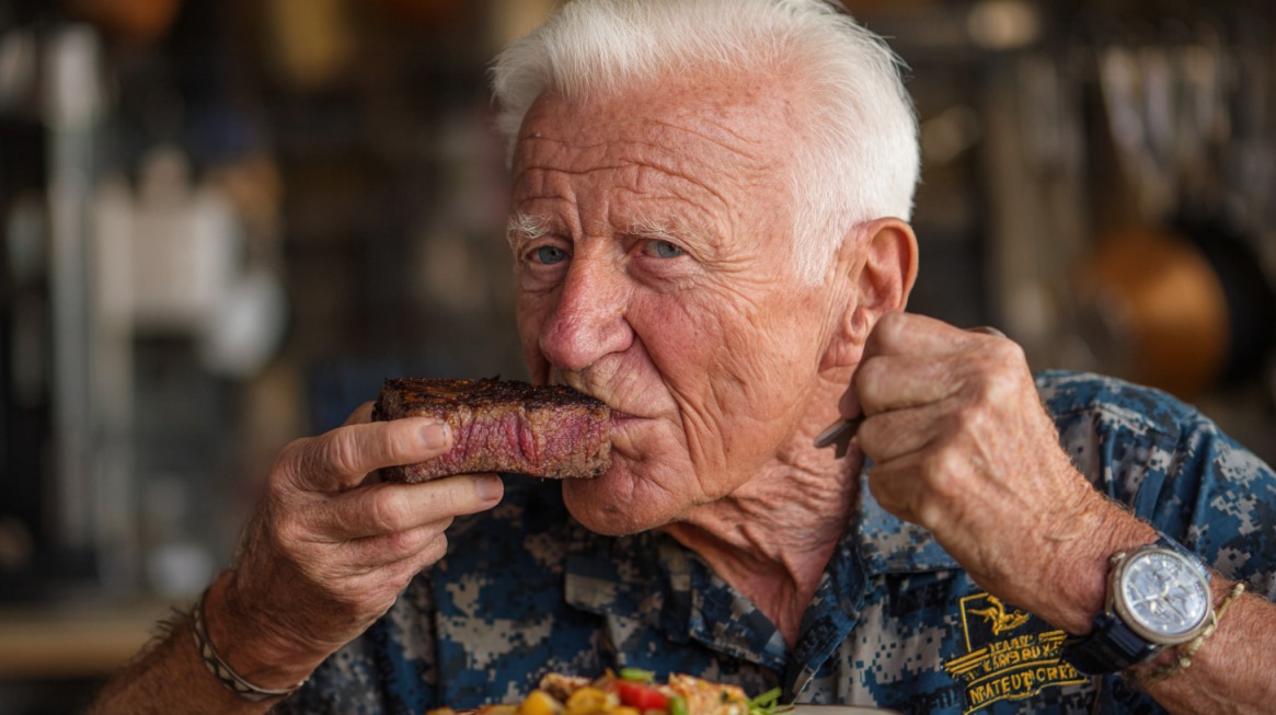 Older man in military-style shirt holding a grilled steak near his mouth, preparing to eat at a restaurant