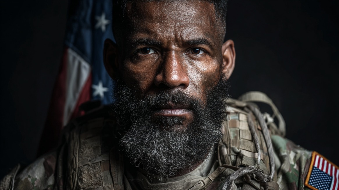 Close-up portrait of a serious U.S. veteran in uniform with an American flag in the background