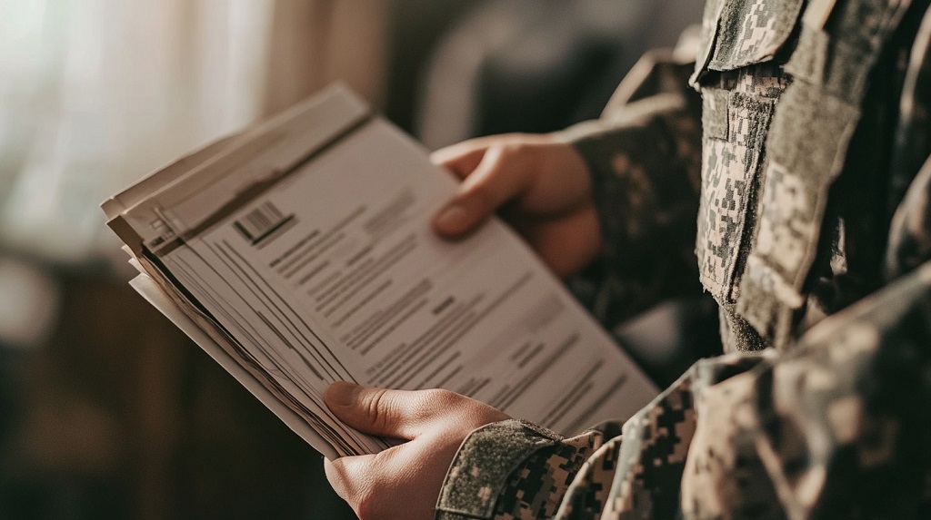 Military service member reviewing multiple documents for lease options and rent relief