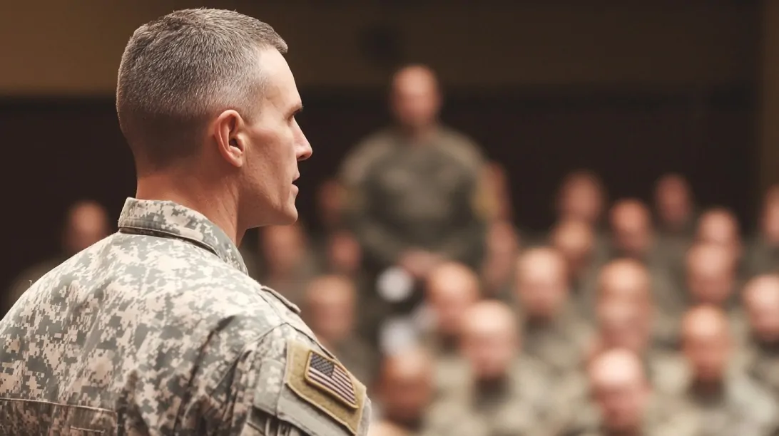 A military instructor stands in uniform addressing a group of recruits in a classroom setting