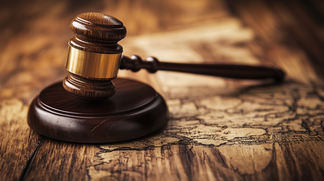 Close-up of a judge’s gavel on a wooden surface with an old-world map engraving