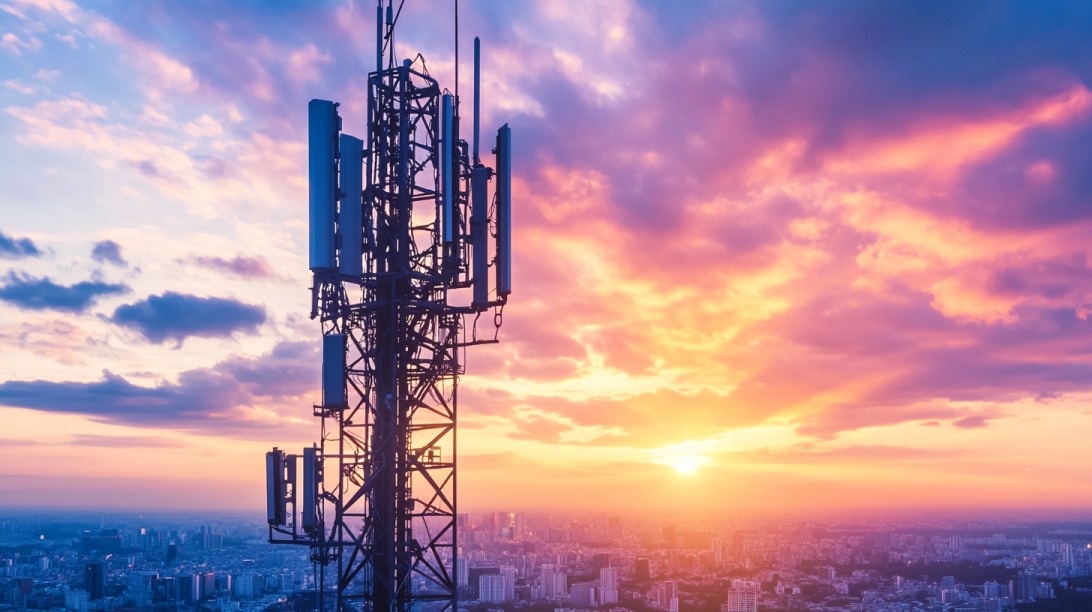5G cell tower silhouetted against a colorful sunset over a sprawling cityscape