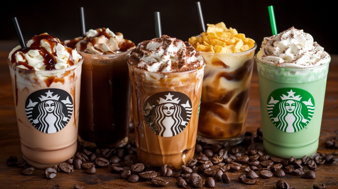 Five colorful Starbucks iced drinks with whipped cream, chocolate, and cereal toppings, surrounded by coffee beans on a wooden surface