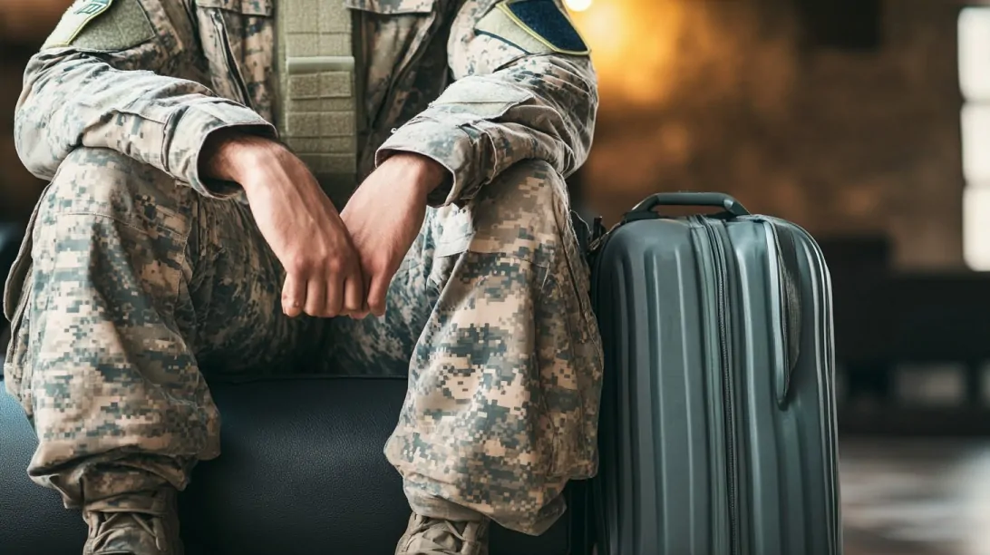 Close-up of a person in military uniform sitting with a suitcase, symbolizing relocation or deployment