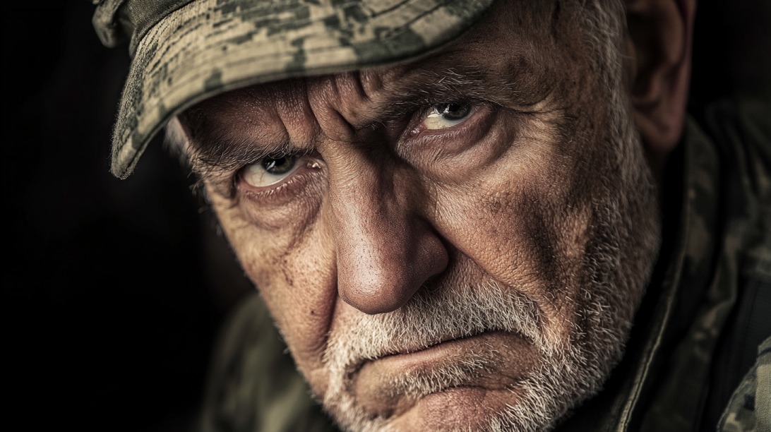 Close-up of a stern, older man in military camouflage with a serious, intense expression