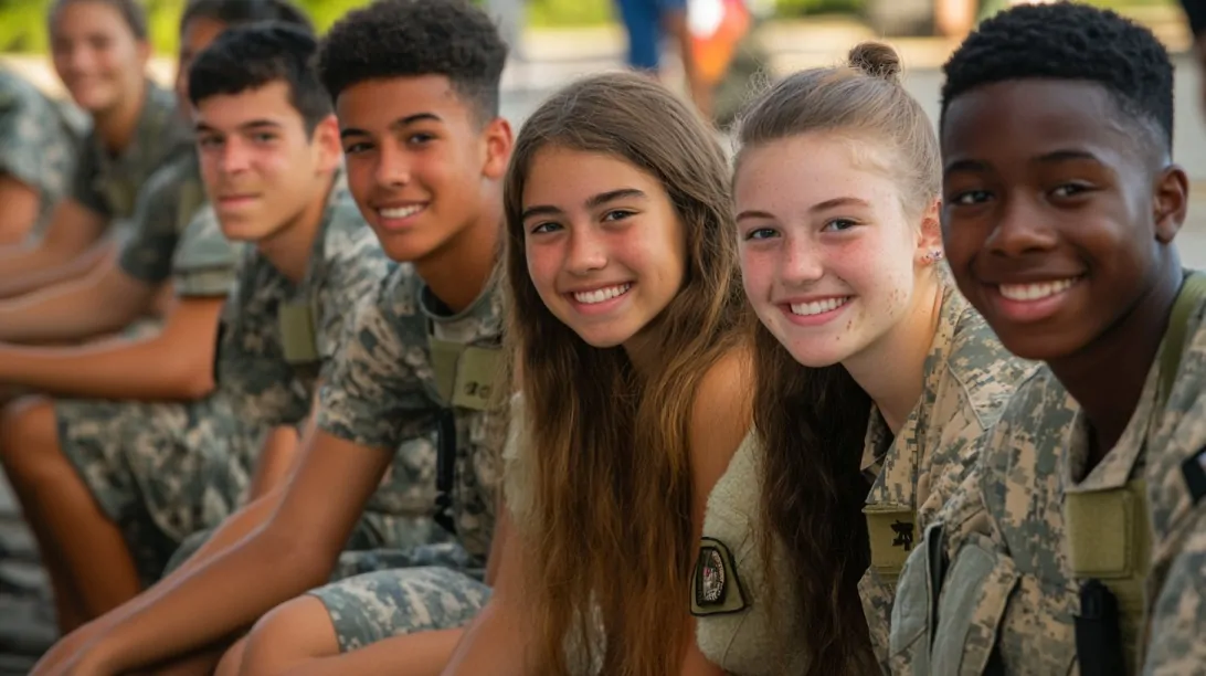 Group of smiling teenagers in military-style uniforms sitting in a row outdoors