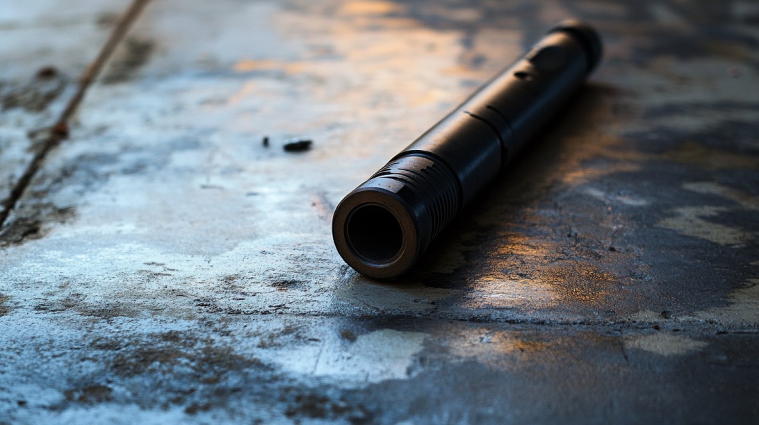 Close-up of a firearm suppressor (silencer) lying on a textured surface with soft lighting