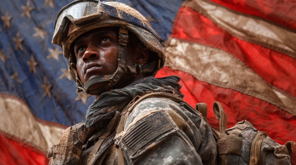 U.S. soldier in combat gear standing in front of a large American flag