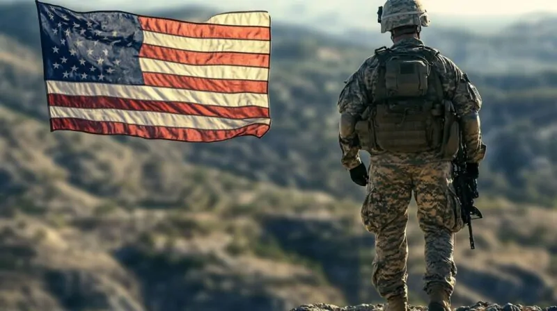 A U.S. soldier in uniform stands on a mountain ridge with an American flag waving beside him.